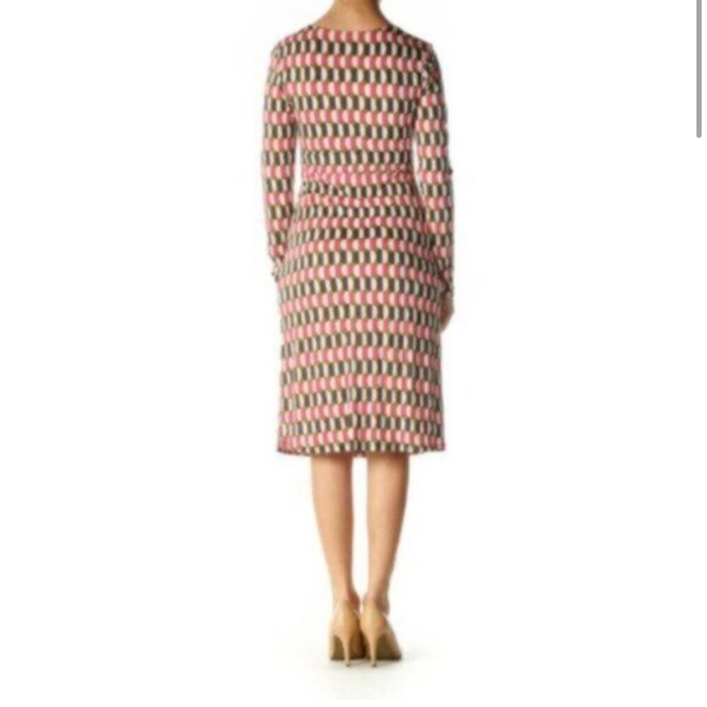 BODEN Geometric Print Long Sleeve Ruched Sheath Dress Size 8 Pink Green White - Picture 3 of 11
